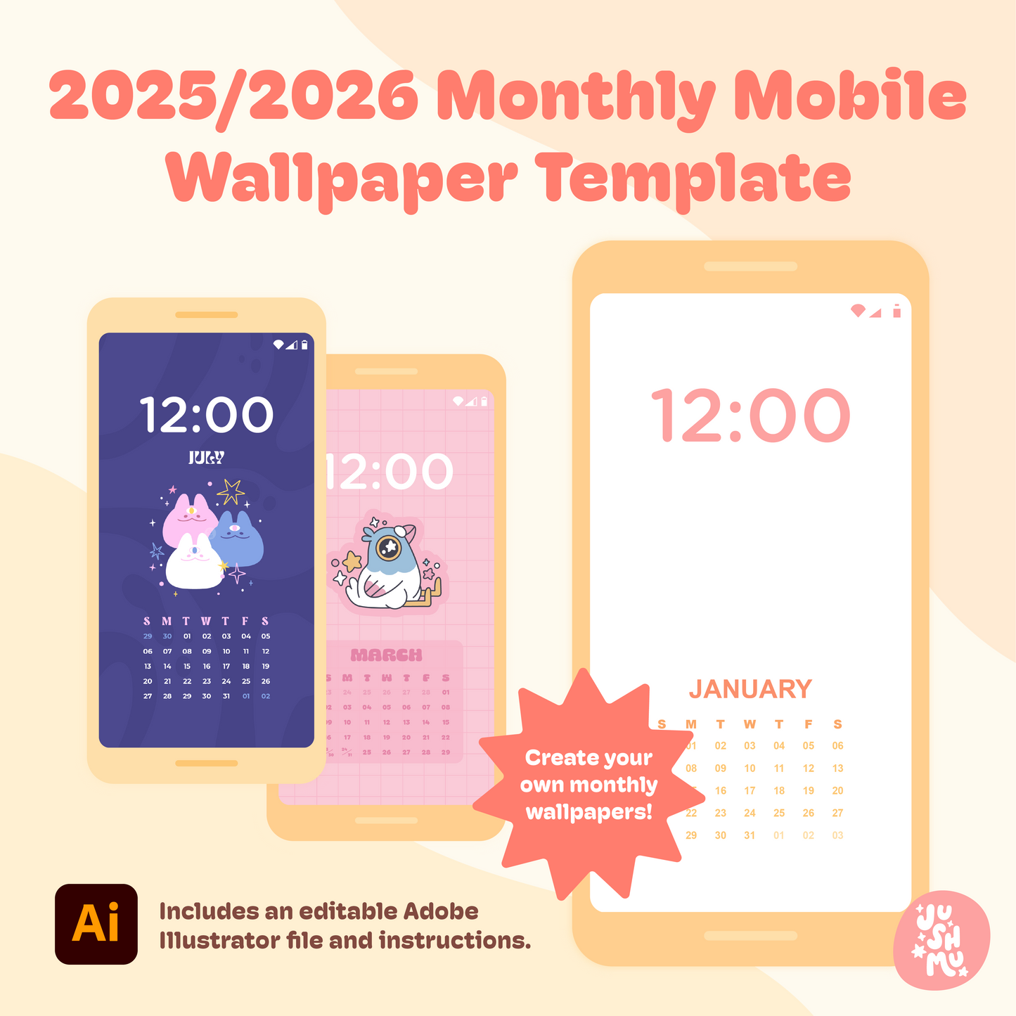 2025/2026 Monthly Mobile Wallpapers Template | For Adobe Illustrator