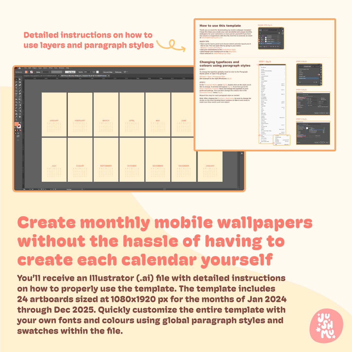 2025/2026 Monthly Mobile Wallpapers Template | For Adobe Illustrator